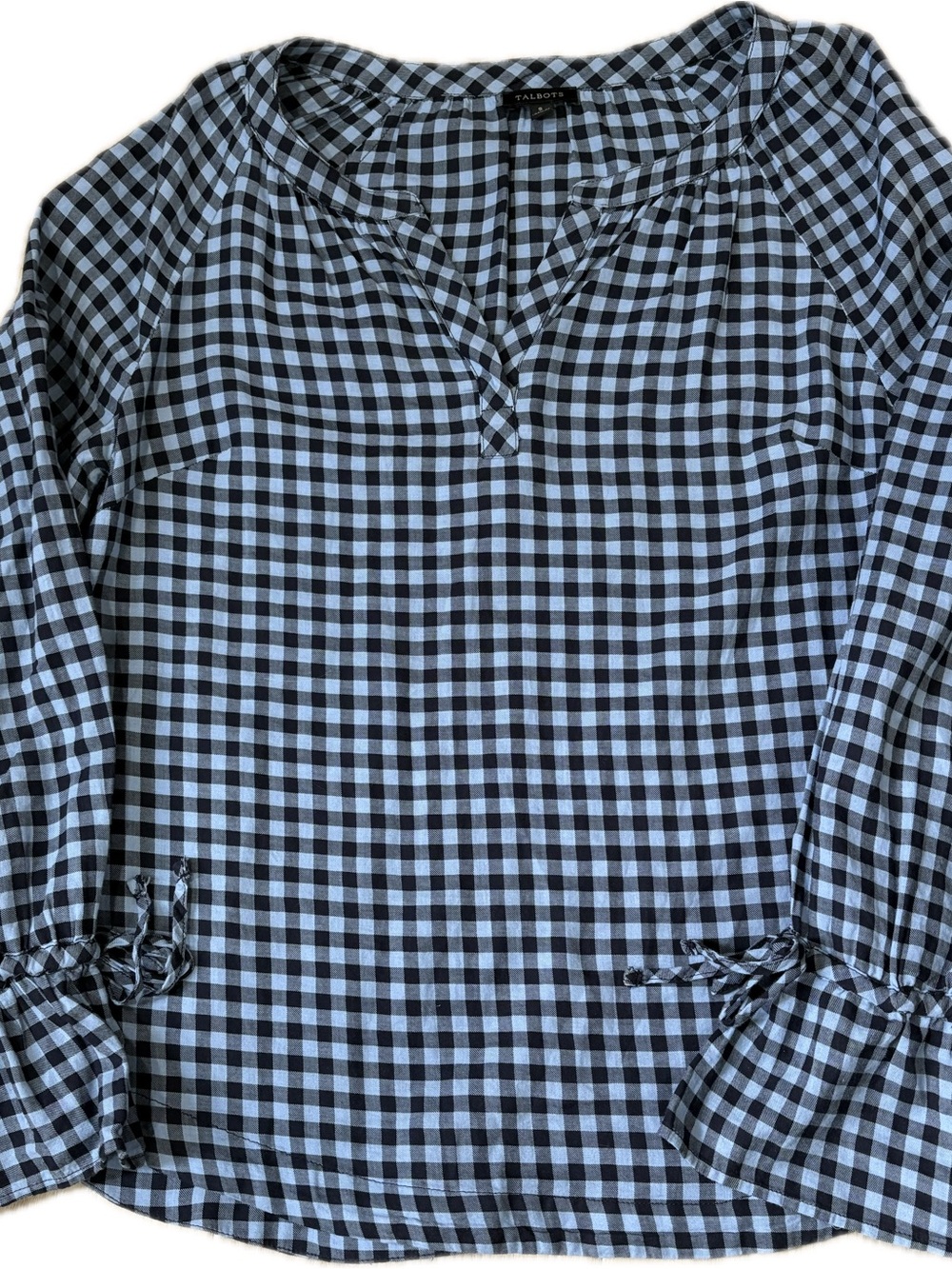 Talbots Gingham Popover Blouse Sz S Tie Cuff Split Neck Blue Black